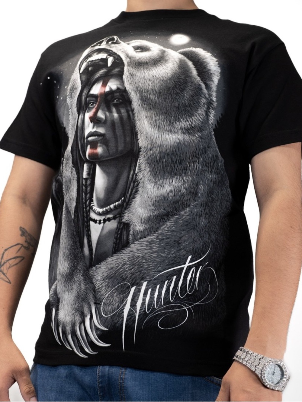DGA 2X Men's Black 'Hunter' Graphic Tee with Bear Hood Artwork